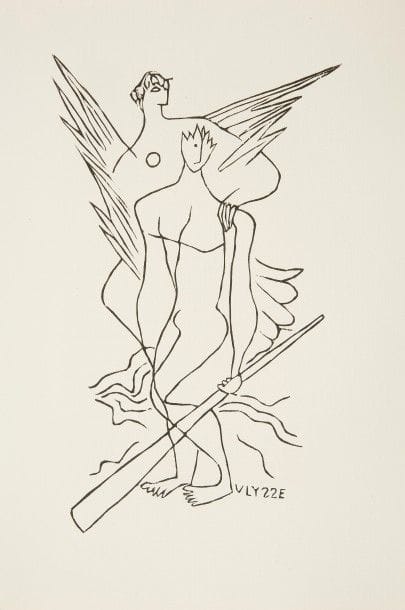 HOMÈRE.
L’Odyssée.
[Paris : Creuzevault, 1952]. — In-4, 324 x 216 : (15 ff.), couverture illustrée. En feuilles, couverture rempliée, chemise à dos de parchemin ivoire, étui.

Édition proposant les chants V et VI de L’Odyssée d’Homère dans la traduction française de Victor Bérard, illustrée de 14 bois originaux de HENRI LAURENS (1885-1954), dont 1 sur la couverture, 1 sur le titre, 1 à pleine page et 11 dans le texte.
Tirage à 150 exemplaires signés par l’artiste ; celui-ci est l’un des 125 sur vergé de Montval, parfaitement conservé malgré quelques rares rousseurs.
