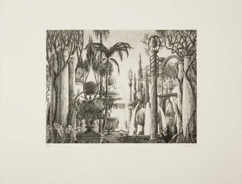 HOUTIN (François) – ÉROUART (Gilbert).
Fantaisies romaines.
Paris : Michèle Broutta, 1985. — Album oblong 255 x 325. En feuilles, sous portefeuille avec couverture illustrée d’un texte orné et gravé à l’eau-forte en couleurs. Cartonnage brun bistré.

L’un des 85 exemplaires sur vélin Tiepolo de Fabriano, numéroté et signé par l’auteur et par l’artiste. Comprend 10 gravures à l’eau-forte. Parfaites épreuves numérotées, signées et datées.
Envoi de l’artiste en date du 14 décembre 1985.