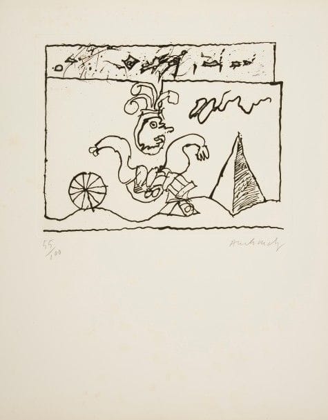 NOURISSIER (François).
De la mort.
Bruxelles : La Balance, 1967. — In-folio, 500 x 430 :
(2 ff.), VIII ff., (2 ff.). Reliure dans le style japonais en toile bleue, pièce de titre imprimée sur le premier plat.

Un des grands livres illustrés par PIERRE ALECHINSKY (Né en 1927), tiré à seulement 112 exemplaires signés par l’auteur et l’artiste, orné de 9 lithographies à pleine page sur fond crème, de 18 vignettes en marge et de 4 gravures originales, ces dernières numérotées et signées par l’artiste.
Un des 90 exemplaires sur vélin d’Arches comprenant les 4 gravures en noir, très bien conservé malgré des rousseurs éparses, quelques décharges, comme toujours, et de légères salissures à la reliure.