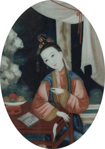 CHINE - fin XIXe - début XXe siècle
Jeune femme lisant
Fixé sous verre.
(Manques de pigments, taches).
Dimensions : 40 x 29 cm à vue