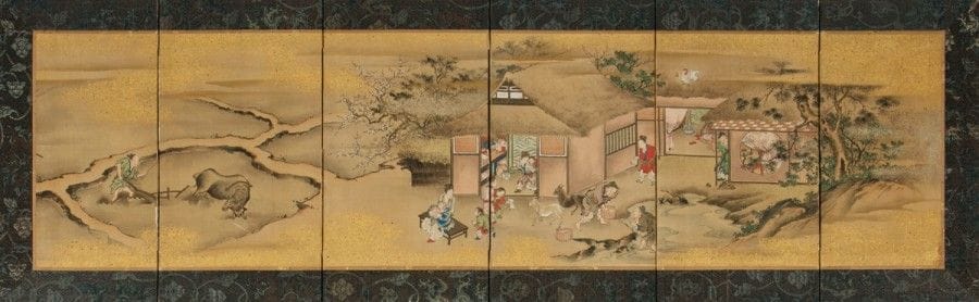 JAPON - Époque MEIJI (1868 - 1912) 
Paire de petits paravents à six feuilles, encre sur soie, représentant des paysans labourant le champ. 
Hauteur : 46 cm
Largeur d’une feuille : 22,5 cm