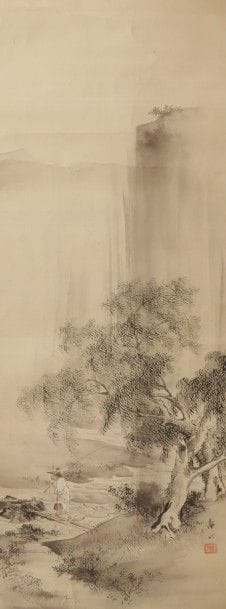 JAPON - XIXe siècle
Pêcheur sous la pluie
Encre sur soie. 
(Pliures, taches).
Dimensions : 113 x 40,5 cm