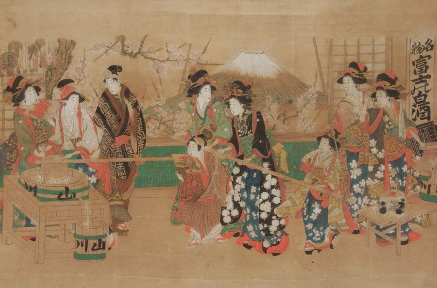 JAPON - XIXe siècle
Encre polychrome sur papier, jeunes femmes et enfants, devant le Mont Fuji. 
Non signée. 
(Petits accidents). 
Dimensions : 50 x 74 cm