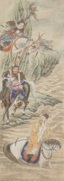 CHINE - XXe siècle
Les 3 royaumes
Peinture sur soie.
(Papier gondolé, taches, traces d’humidité).
Dimensions : 85 x 31 cm