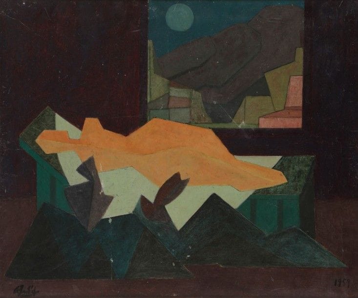 Jean-Pierre LE BOUL’CH (né en 1940)
Nu étendu, 1959
Huile sur toile.
Signée et datée.
46 x 55 cm