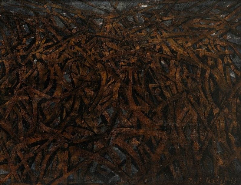 Jean CORTOT (né en 1925)
Combat, 1963
Huile sur toile.
Signée et datée en bas à droite.
Signée et datée au dos.
50 x 65 cm
Provenance:
Galerie Jacques Massol, Paris.