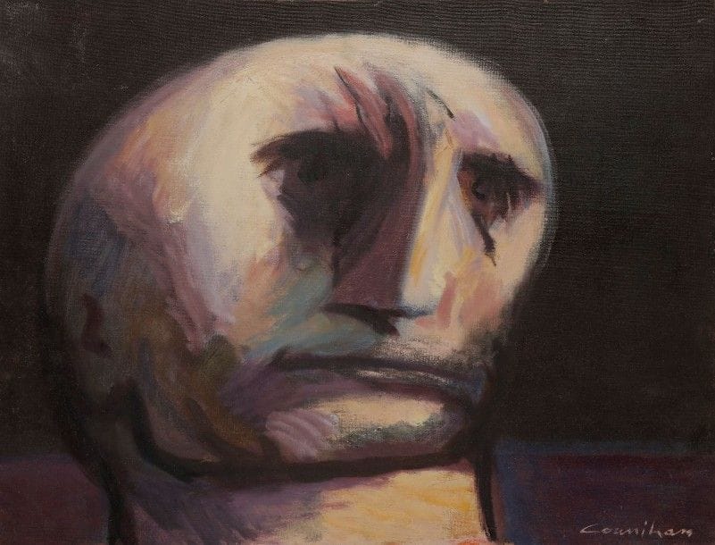 Noel Jack COUNIHAN [australien] (1913-1986)
Tête d’homme, 1969
Huile sur toile.
Signée en bas à droite.
Dédicacée au dos.
46 x 61 cm
Provenance: 
Ancienne collection Charles et Ethel Semser, Paris.