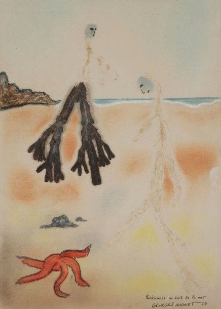 GEORGES HUGNET (1904-1974)
Parisiennes au bord de la mer, 1954
Pastel et collage d’algues.
Signé, daté et titré en bas à droite.
44 x 32 cm