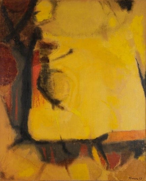 Karin VAN LEYDEN (1906-1977)
Bonjour Arizona, 1959
Huile sur toile.
Signée et datée en bas à droite.
Signée, datée et titrée au dos.
124 x 101 cm