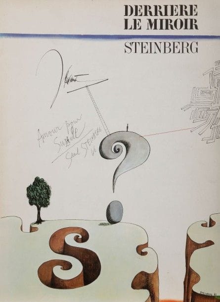 Saül STEINBERG [américain] (1914-1999)
All in line, 1945
Livre cartonné sous jaquette.
Éditions Penguin 1945. 31 x 23 cm
On y joint une affiche d’exposition à la galerie Maeght, 2 exemplaires de Derrière le Miroir (1953 et 1966), dont un dédicacé et un exemplaire du magazine DU (1966) avec une oeuvre de l’artiste en couverture (accidents).