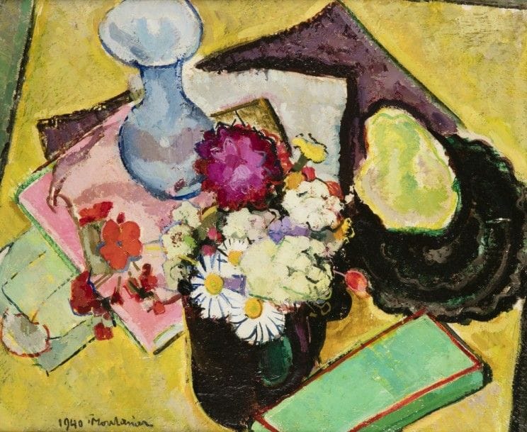 Francis MONTANIER (1895-1974)
Nature morte au vase bleu, 1940
Huile sur panneau.
Signée et datée en bas à gauche.
Signée au pochoir au dos
38 x 46 cm