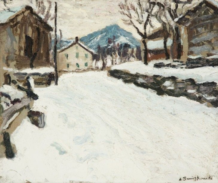 Alfred SWIEYKOWSKI (1869-1953)
Village sous la neige
Huile sur carton.
Signée en bas à droite.
Annotée au dos
46 x 55 cm