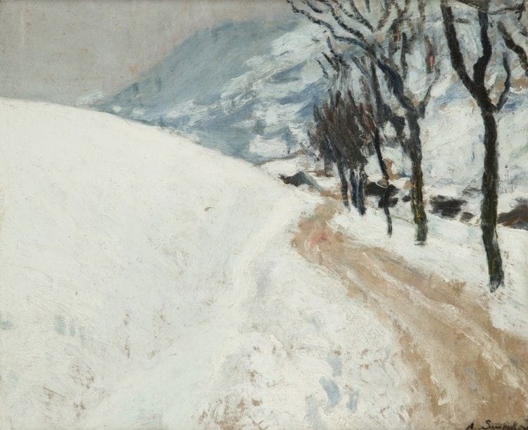 Alfred SWIEYKOWSKI (1869-1953)
Chemin enneigé
Huile sur carton.
Signée en bas à droite.
38 x 46 cm