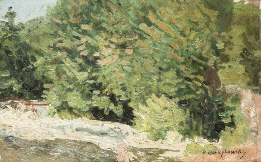 Alfred SWIEYKOWSKI (1869-1953)
Rivière sous les arbres
Huile sur carton.
Signée en bas à droite.
27 x 41 cm