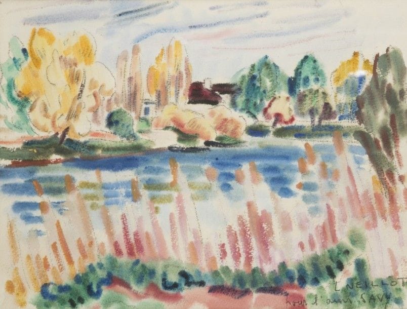 Louis NEILLOT (1898-1973)
Le Moulin de Poincy, 1953
Aquarelle sur traits de crayon.
Signée et dédicacée en bas à droite.
25 x 32 cm

Bibliographie : 
Collette Manigand-Neillot et Juliette Constantin-Neillot, Louis Neillot Catalogue Raisonné, 1997, numéro 742 reproduit page 113.