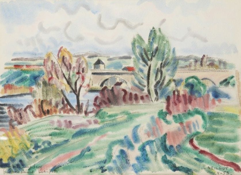 Louis NEILLOT (1898-1973)
Trilport, le Pont sur la Marne, 1953
Aquarelle sur traits de crayon.
Signée, datée et dédicacée
28 x 38 cm

Bibliographie : 
Collette Manigand-Neillot et Juliette Constantin-Neillot, Louis Neillot Catalogue Raisonné, 1997, numéro 739 reproduit page 113.