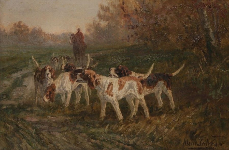 Marie Didière CALVÈS (1883-1957)
Chasseur et sa meute
Huile sur toile.
Signée en bas à droite.
(Accident