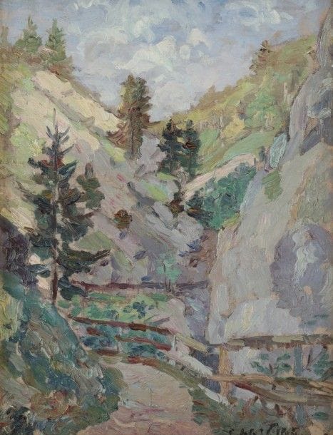 Emmanuel de la VILLÉON (1858-1944)
Gorges de la Covatanne, vers 1902
Huile sur panneau.
Signée en bas à droite.
35 x 26.2 cm

Provenance : 
Descendance de l’artiste
L’œuvre est référencée dans le Catalogue Raisonné de l’artiste sous le numéro 1594.