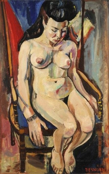 François DESNOYER (1894-1972)
Nu assis, 1957
Huile sur toile.
Signée en bas à droite.
Signée, datée et annotée « 1942 « toile agrandie et terminée en 1956 au dos.
100 x 65 cm

Commentaire :
L’œuvre figurera au Catalogue Raisonné actuellement en préparation.
