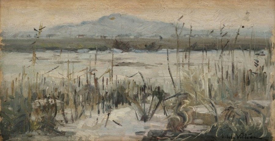 Emmanuel de la VILLÉON (1858-1944)
La Seine près de Nanterre, 1888
Huile sur panneau.
Signée en bas à droite.
22 x 41 cm

Provenance : 
Descendance de l’artiste
L’œuvre est référencée dans le Catalogue Raisonné de l’artiste sous le numéro 1256.