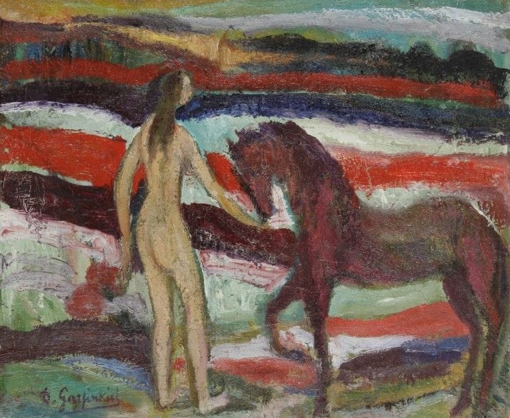David GARFINKIEL (1902-1970)
Femme et cheval
Huile sur toile.
Signée en bas à gauche.
(Rentoilage et restaurations)
38 x 46 cm

Exposition : 
Musée du Montparnasse, 2010.