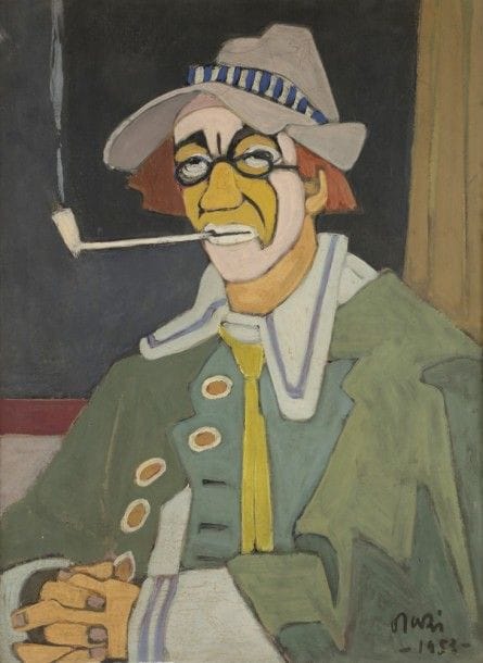 ORAZI (1906-1979)
Le Clown, peinture du mouvement, 1953
Tempera sur toile.
Signée et datée en bas à droite.
81 x 60 cm

Provenance : 
Atelier de l’artiste
Exposition : 
Biennale de Menton, 1953
Bibliographie : 
Arts et Spectacle n°422, Juillet-Août 1953, reproduit page 7.