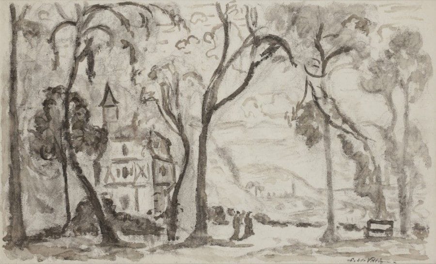 Emmanuel de la VILLÉON (1858-1944)
Le Chalet à Bel-Air, environ 1910
Lavis et fusain sur papier.
Signé en bas à droite.
26 x 43 cm

Provenance : 
Descendance de l’artiste
L’œuvre est référencée dans le Catalogue Raisonné de l’artiste sous le numéro D392.