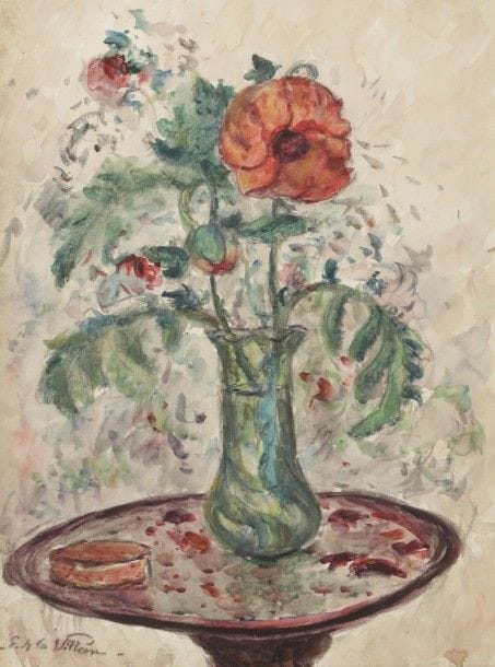 Emmanuel de la VILLÉON (1858-1944)
Bouquet au pavot, environ 1910
Aquarelle sur papier.
Signée en bas à gauche.
45 x 32 cm
L’œuvre est référencée dans le Catalogue Raisonné de l’artiste sous le numéro A208.