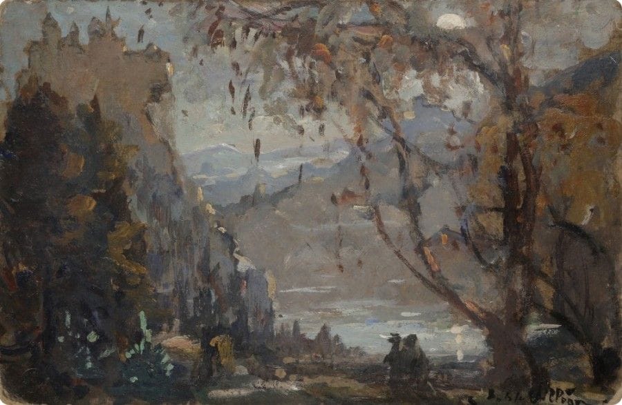 Emmanuel de la VILLÉON (1858-1944)
Nuit de légende, 1920
Huile sur carton.
Signée en bas à droite.
Titrée au dos
18 x 27 cm

Provenance : 
Descendance de l’artiste
L’œuvre est référencée dans le Catalogue Raisonné de l’artiste sous le numéro 905.