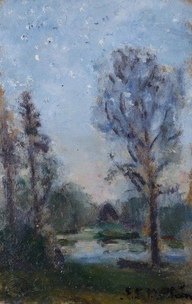 Emmanuel de la VILLÉON (1858-1944)
Nuit étoilée
Huile sur carton.
Signée en bas à droite.
Titrée au dos
13.5 x 9 cm

Provenance : 
Descendance de l’artiste
L’œuvre est référencée dans le Catalogue Raisonné de l’artiste sous le numéro 3157.
