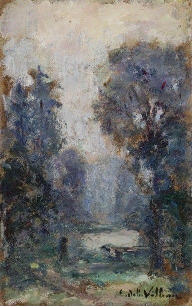 Emmanuel de la VILLÉON (1858-1944)
Rêverie le soir au bord de l’eau
Huile sur carton.
Signée en bas à droite.
13 x 9 cm

Provenance : 
Descendance de l’artiste
L’œuvre est référencée dans le Catalogue Raisonné de l’artiste sous le numéro 2949.