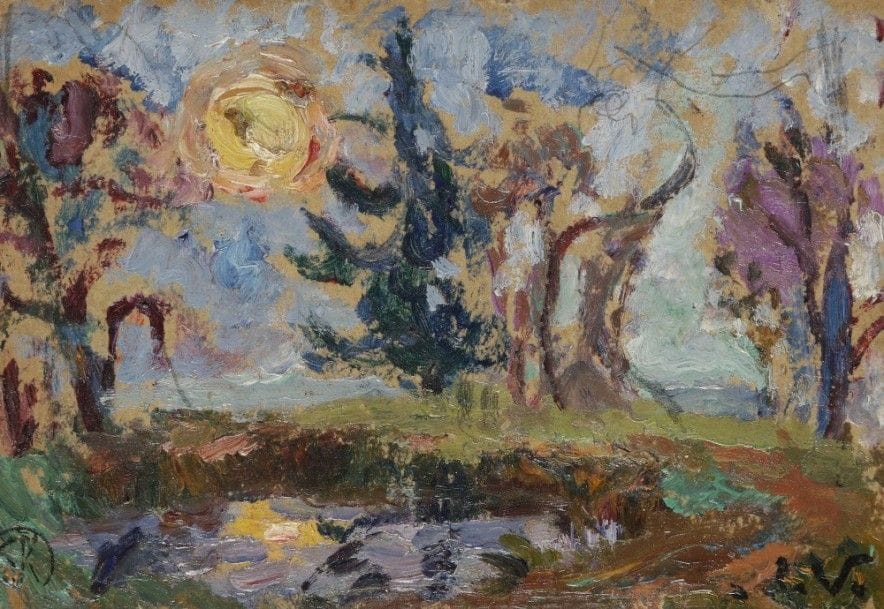 Emmanuel de la VILLÉON (1858-1944)
Halo au reflet
Huile sur carton contrecollé sur toile.
Monogrammée en bas à droite.
9 x 13 cm

Provenance : 
Descendance de l’artiste
L’œuvre est référencée dans le Catalogue Raisonné de l’artiste sous le numéro 3036.