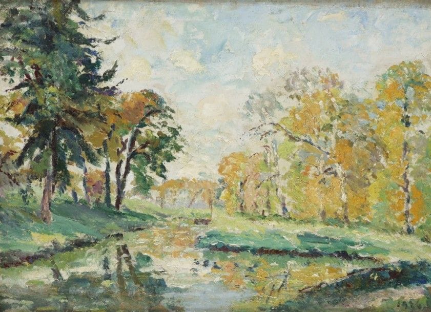 Emmanuel de la VILLÉON (1858-1944)
Le Grand bassin à l ‘automne, 1936
Huile sur carton.
Signée et datée en bas à droite.
19 x 27 cm

Provenance : 
Descendance de l’artiste
Bibliographie : 
Collard, Emmanuel de la Villéon - Catalogue Raisonné (huiles), Éditions de l’Amateur, Paris, 1981, reproduit page 182.
L’œuvre est référencée dans le Catalogue Raisonné de l’artiste sous le numéro 1335.