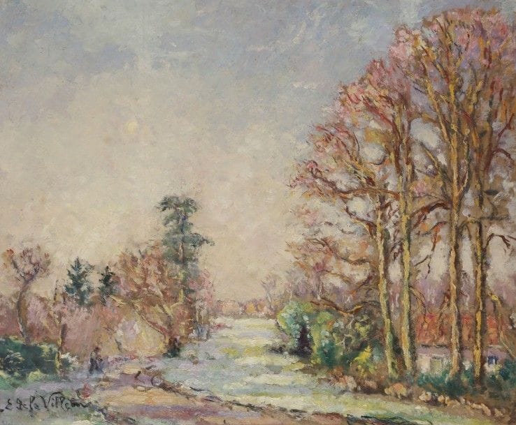 Emmanuel de la VILLÉON (1858-1944)
Yonville, gelée blanche, 1941
Huile sur carton marouflé sur toile.
Signée en bas à gauche.
37 x 46 cm

Provenance : 
Descendance de l’artiste
Bibliographie : 
Collard, Emmanuel de la Villéon - Catalogue Raisonné (huiles), Éditions de l’Amateur, Paris, 1981, reproduit page 212.
L’œuvre est référencée dans le Catalogue Raisonné de l’artiste sous le numéro 3257.