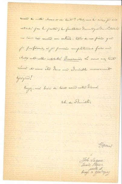 Théodore de BANVILLE (1823-1891).
2 L.A.S., 1859-1869 ; 1 et 1 page et demie in-8.

Bellevue 9 octobre 1859, au président de la Société des Gens de Lettres [Francis Wey], demandant un prêt de 100 francs, pour remédier à « l’état de gêne où me maintient mon interminable maladie [...].
Depuis que tant de malheureuses circonstances m’ont éloigné d’eux, mes confrères m’ont donné assez de bienveillante sympathie pour que j’ose compter encore une fois sur leur appui »... Paris 23 août 1869, au poète Émile Kuhn, dit Job-Lazare, faisant l’éloge de ses recueils Roses et Chardons et Les Rafales, bien qu’« en vieux classique » il ait relevé quelques incorrections de rimes... « Victor Hugo le maître des maîtres est celui qu’il faut toujours consulter en fait de rimes ; Les Contemplations et La Légende des siècles doivent être nos évangiles ! »...