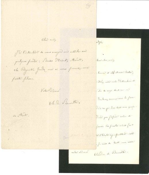 Théodore de BANVILLE. 2 L.A.S., 1866-1876 ; 1 page in-8 chaque (la 2e deuil).

20 août [1866, à Arsène Houssaye] : il va bientôt lui envoyer « un article sur quelques poètes : Brises d’Orient, Mérat, Ch. Diguet. Gardez-moi si vous pouvez, une petite place » [article publié dans La Revue du XIX e Siècle, sous le titre « Les Poètes nouveaux »]... 16 mars 1876, réponse à des condoléances après le décès de sa mère (6 mars 1876) : « je sentais que vous étiez avec moi [...] et vous êtes de ceux dont je ne doute jamais. Ma douleur [...] est bien grande, car je dois tout sans exception à cette mère adorée que j’espère aimer et garder en moi toujours »...