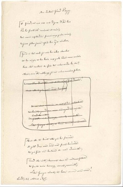 Théodore de BANVILLE. Poème autographe, Au docteur Gérard Piogey, Lundi 22 mars 1875 ; 1 page in-fol.

Amusant sonnet à la gloire de son ami et médecin le célèbre docteur Piogey, recueilli dans les Rimes dorées des Poésies complètes (Charpentier, 1878).
7 vers ont été biffés au milieu du poème :
 « Ô Gérard, si mes vers sont dignes d’êtres lus
Par la postérité curieuse et ravie,
Ton nom resplendira parmi ceux qu’on envie,
Toujours plus jeune après les âges révolus. [...]
Sais-tu combien de fois tu m’as rendu al vie ?
Moi, sans être oublieux, je ne m’en souviens plus »...
Gérard Piogey était le médecin de Banville et Charles Baudelaire. Ce dernier lui offrit un exemplaire sur chine des Paradis artificiels (Correspondance, éd. Cl. Pichois, t. II, p. 56), et Sainte-Beuve dans une lettre à Baudelaire du 15 fév. 1866 le qualifie de « véritable médecin d’hommes de lettres ». Banville lui écrira une des ses Lettres chimériques (Charpentier, 1885), intitulée La Médecine.
Ancienne collection Daniel Sickles [XIX, 8134].