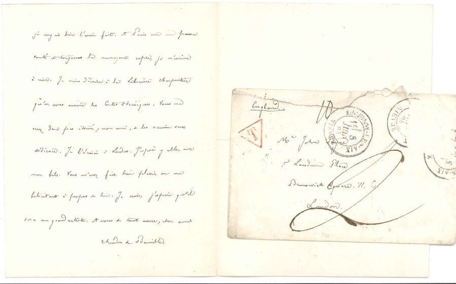 Théodore de BANVILLE. L.A.S., Villa de Banville près Lucenay-les-Aix (Nièvre) 7 juin 1884, au poète anglais John Payne à Londres ; 2 pages in-12, enveloppe.

« Votre amitié, dont je suis si fier, vous rend trop indulgent pour moi, et cependant je me laisse faire et je suis trop heureux d’être loué par un poète tel que vous. Non, vous ne m’embêtez pas avec les Contes Héroïques. [...] A Paris avec ma pauvre santé et toujours la menaçante copie, je n’arrive à rien »... Il lui fait envoyer un volume par la Librairie Charpentier, et y mettra une dédicace à Londres, où il espère aller avec son fils [Georges Rochegrosse] : « Je crois, j’espère qu’il sera un grand artiste »....