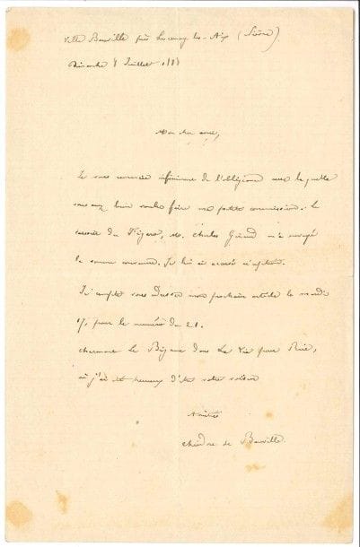 Théodore de BANVILLE. L.A.S., Villa Banville près Lucenay-les-Aix (Nièvre) 8 juillet 1888, à un ami [Paul Bonnetain] ; 1 page in-8.

Il le remercie pour une commission. Le caissier du Figaro lui a envoyé la somme convenue. « Je compte vous adresser mon prochain article le mardi 17, pour le numéro 21 [du Figaro littéraire].
Charmant Le Bigame dans La vie pour Rire, où j’ai été heureux d’être votre voisin »...