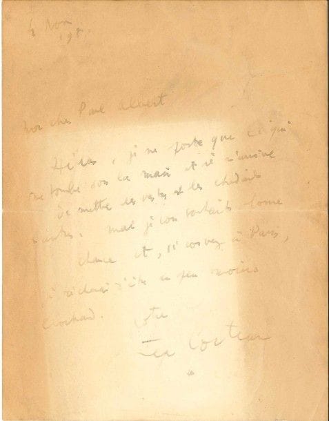 Jean COCTEAU. L.A.S, 4 novembre 1951, à Paul Albert à Liège ; 1 page in-8 (encre passée et jaunissure), enveloppe.
On joint une L.S. de Jean Cassou, 29 juillet 1938, à Marcel Montpezat, à l’en-tête de la Revue Europe, accusant réception de son roman : « Nous avons en ce moment énormément de marbre en retard, et nous publions çà la fin de l’été le roman de Nizan »...

« Hélas, je ne porte que ce qui me tombe sous la main et il m’arrive de mettre les vestes et les chandails des autres [...] si vous venez à Paris, je tâcherai d’être un peu moins clochard »... [double dactyl. de la lettre de Paul Albert joint.]