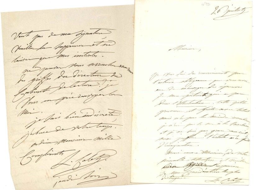 Louise COLET (1810-1876).
17 L.A.S., vers 1836-1864 ; 28 pages in-8 ou in-12, qqs à son chiffre, qqs adresses (qqs petits défauts).

Envoi d’« un article sur l’improvisation que mon mari m’a dit que vous voudriez bien faire insérer dans la Paix ». – « Ne pouvez-vous arracher ma nouvelle des griffes du directeur du Cabinet de lecture ? » ([1836-1837])... – Elle a terminé un « long travail » sur Charlotte Corday, et serait charmée d’en parler avec Dubois, « l’auteur de la biographie de Charlotte Corday » : « je solliciterais de son obligeance quelques documents inédits » (23 avril 1842)... Prière au colonel Bory de Saint-Vincent, d’intervenir auprès de M. Sauvo pour obtenir un article dans le Moniteur sur son « nouveau volume de poésies » : elle le ferait rédiger par « un littérateur de notre connaissance » (29 novembre)... Prière, « en rendant compte de la pièce de Mr Ponsard de rappeler que j’ai publié il y a plusieurs années une étude dramatique sur Charlotte Corday ; je vous envoie le volume » (24 mars 1850)... Explications sur sa décision de ne pas lire son drame à l’Élysée, chez le Président de la République « qui l’avait désiré avec beaucoup d’empressement » : « cette lecture a paru dangereuse à Béranger pour mon œuvre » : vu « la politique du jour », ses personnages révolutionnaires pourraient épouvanter l’auditoire. Elle voudrait le faire lire aux Français mais va refaire le premier acte pour ne pas faire participer les personnages aux massacres de Septembre (mardi 6 [1849-1851])... – Pour le service de presse de son Italie des Italiens (mercredi soir [1864])... Remerciements pour les épreuves de son portrait dans L’Illustration : « Cette petite gravure est faite avec talent mais n’a pas la moindre ressemblance. Je n’ai pas le nez à la Roxelane, et je ne suis pas, grâce au Ciel, aussi joufflue » (26 juillet)... Prière à M. Ducessois, directeur du Messager des dames et des demoiselles de lui donner « un exemplaire de la planche, semblable à celui que 