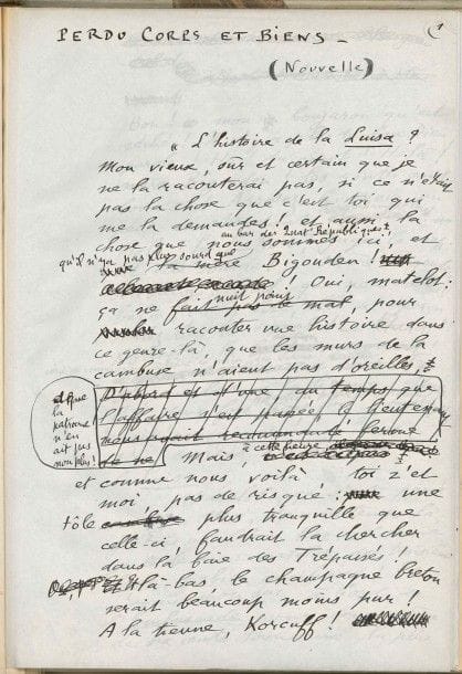 Claude FARRèRE (1876-1957).
4 manuscrits autographes dont 2 signés, 1909 et s.d. ; 74 pages in-fol., montées sur onglets, le tout relié en un volume demi-vélin ivoire à coins.

Bel ensemble de quatre récits de marins, en manuscrits de travail avec ratures et corrections. – Borda (9 p. à l’encre violette).
D’abord intitulé Souvenir du Borda, ce texte évoque le vieux trois-mâts de l’École navale sur lequel Farrère fit ses classes, dans les années 1894 à 1896 : « la vie sur le Borda n’était point du tout folâtre, mais au contraire, monotone, revêche et morne à souhait. C’était une vie de couvent cloîtré », et pourtant, « notre éducation de loups de mer » s’accompagnait de chants et de l’ascension (interdite) du grand mât... – Perdu corps et biens (nouvelle) (24 p. à l’encre noire sur papier bleuté).
Nouvelle recueillie dans Dix-sept histoires de marins (Ollendorff, juin 1914), narrant le naufrage de la Luisa. « “Matelot, ça s’est passé en 99. Moi, dans ce temps-là, j’étais un blanc bec. – Comme je te le dis : matelot de troisième classe, gabier auxiliaire !” », etc. – La Tourelle (conte), signé et daté de Venise 17-18 octobre 1909 (21 p. à l’encre violette et noire).
Conte recueilli dans Dix-sept histoires de marins : relation vive d’un épisode où la ligne de mire devient la ligne du front, et où un enseigne de vaisseau canonnier se distingue comme un héros d’épopée... – Piraterie (conte), signé (20 p. à l’encre violette).
« Rapport officiel de monsieur le chevalier Jacques Raoul d’Erlot, capitaine de corvette, commandant le brick de Sa Majesté le Triton, à monsieur Deserbiers, marquis de l’Estanduère, chef d’escadre, en rade des Trousses », en mai 1689, où l’on voit les « braves serviteurs du Roy » combattre des pirates, les fleurs de lys triomphant sans pitié des têtes de mort...