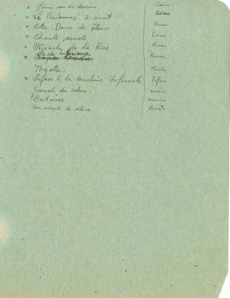 Jean GENET (1910-1986).
2 L.A.S., à Paul Morihien ; 1 page in-8 et demi-page in-4.
On joint une liste autographe de ses œuvres (demi-page in-4 sur papier vert) : Poèmes sur 20 dessins, Le Condamné à mort, Notre-Dame des Fleurs, Chants secrets, Miracle de la Rose, etc.

« Nous parlerons de ces 5.000 ex. Voici la lettre d’un monsieur d’Amérique. Fais faire cet article par Sentein, il connait tout de ma vie et de mon œuvre. Fais-le car cela a de l’importance aussi pour ton livre »… – Il est à Cannes et lui demande de lui écrire chez Ginette Maglia « à qui j’accorde tout pouvoir pour traiter à ma place. Je me repose »…