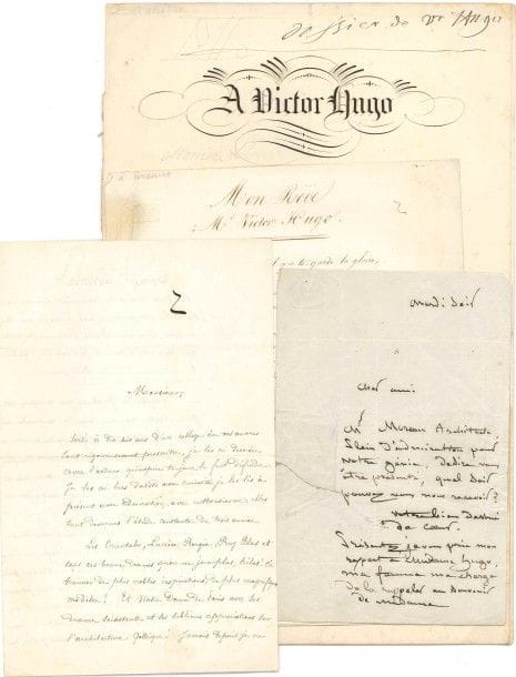 [Victor HUGO].
6 poèmes (la plupart autographes signés), 4 L.A.S. et 1 L.A., à lui adressés, 1840-1880, 4 adresses (quelques défauts).
On joint une L.A.S. de son frère Abel Hugo.

Chrétien, licencié ès lettres et régent de rhétorique, Pierre-Jean David d’Angers (recommandant l’architecte Moreau « plein d’admiration pour votre génie »), Charles Fillieu (Le 2 Novembre, suivi d’une lettre, 1844), Eugénie Genest, directrice des Postes à Beaumont-sur-Sarthe (Mon Rêve, à Mr Victor Hugo, 1845), Georges Labarrie, étudiant (lettre de 1855 marquée du« r » de Hugo indiquant une réponse, et poème La Madone), Paul Lecomte (2 l., 1880, envoi d’un « petit souvenir » à « Ruy Blas »), L. Manière (à Victor Hugo), Mille, étudiant à Rennes en 1840 (à Mr Victor Hugo, sur Les Rayons et les Ombres), Armand Viguier, « membre fondateur de la Lice chansonnière » (Le Cri du désespoir, à Monsieur Victor Hugo).
