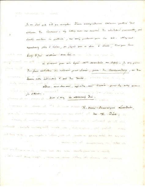 Henri LACORDAIRE (1802-1861).
L.A.S., Sorèze 15 septembre 1857, au comte de Falloux ; 1 page et demie in-4, à en-tête École de Sorèze au cachet sec, adresse.

Belle lettre après la mort de la comtesse Swetchine. « Vous me demandez tous les deux d’écrire quelque chose dans le Correspondant sur notre digne amie, et je le ferai volontiers », mais il demande du temps : « J’ai mis plusieurs mois à composer la notice d’Ozanam, et elle n’y a rien perdu. Toutefois il me serait nécessaire d’avoir sur les origines et les premiers temps de Mme Swetchine, ses rapports avec le Cte de Maistre, sa conversion, sa venue en France, des détails qui me manquent complètement. […] Quant à ma correspondance avec cette chère amie, je ne comprends pas bien comment elle pourrait être publiée avant ma mort, supposé qu’elle doive l’être. Je ne sais s’il y a exemple d’une correspondance intime publiée du vivant de l’auteur. Les lettres ont un caractère de révélation personnelle, qui semble exclure la publicité, au moins pendant que l’on vit »…