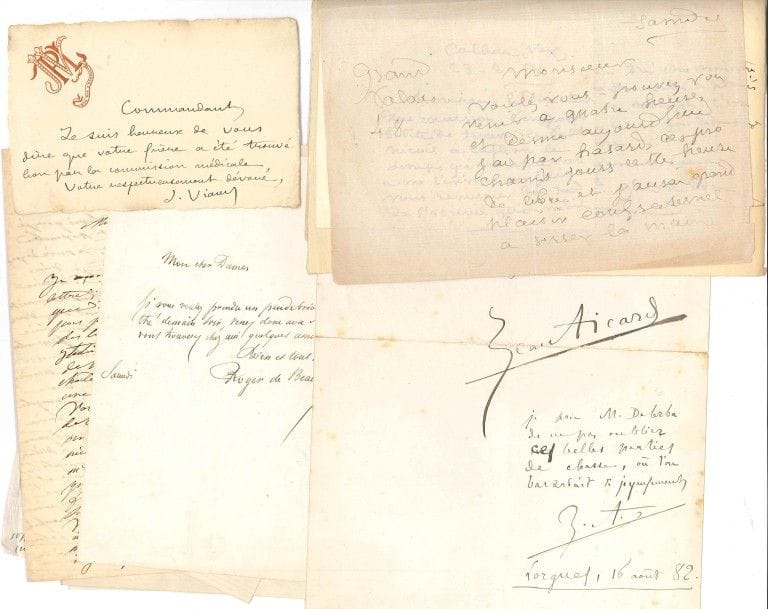 LITTÉRATURE. 34 lettres ou pièces, la plupart L.A.S.

Juliette Adam (3), Jean Aicard (lettre et poème a.s.), Roger de Beauvoir, Félicien Champsaur, Louise Colet (de Milan), François Coppée, Alphonse Daudet, Jules Delafosse, Émile Egger (2, à V. Thouron sur sa traduction d’Homère), Octave Feuillet (3), Alphonse Karr, Henry de La Pommeraye, Victor de Laprade, Laurent-Pichat, Jules Lemaitre, Richard Lesclide (2 au nom de Victor Hugo), Pierre Loti (signée Julien Viaud), Joseph Méry (à Alexandre Dumas), Paul de Musset, Désiré Nisard (à Mme Blanchecotte), Édouard Pailleron, Amédée Pichot (évoquant son enfance provençale), Julia Pingard (avec état des académiciens depuis 1830), Jules Renard (Lagny 1892), Sully-Prudhomme, Jean-Pons Viennet (lettre avec 3 poèmes)…