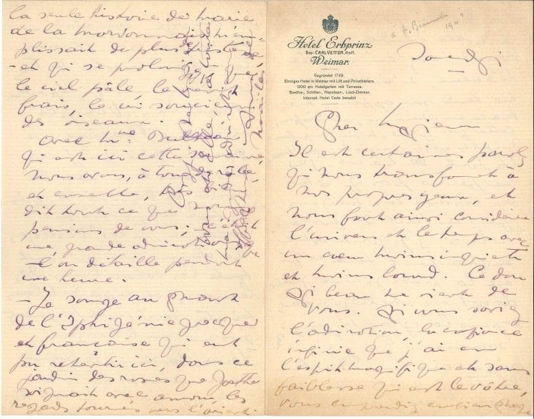 Anna de NOAILLES (1876-1933).
L.A.S., Weimar samedi [1913, ou après, à André Beaunier], et poème signé avec corrections autographes ; 4 pages in-8 à en-tête Hotel Erhprinz, et 4 pages oblong in-4.
On joint une L.A.S. de Virginie Déjazet à Plunckett, et 2 photos de l’actrice.

Elle dit son admiration et sa confiance après une étude que Beaunier lui a consacrée : « j’y goûte avec enchantement tout ce qui est la prodigieuse grâce de votre intelligence »... Elle a emporté ses Visages de femmes en voyage...
Bel hommage à Anatole France, avec des corrections et additions autographes  :
    « Votre souffle a rejoint les choses éternelles,
Divin joueur de lyre, honneur de la raison !
Et l’éther est soudain enivré par les ailes
De vos sens dispersés en leur riche saison ! »...