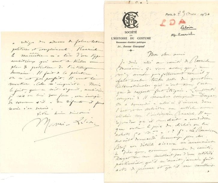 Maurice LELOIR (1853-1940) peintre et illustrateur. 5 L.A.S., 1930, à Maurice Feuillet ; 10 pages et quart in-8, la plupart à en-tête de la Société de l’Histoire du costume.
On joint les copies carbones de 2 l. de Feuillet à Leloir, l’une avec une carte de visite autogr. de Leloir collée en haut.

27 février. Il nomme ceux qui assistent aux réunions du comité de l’institut Roerich. « Roerich le maîîîître m’a l’air d’un type ambitieux qui veut se tailler une place de protecteur de l’intelligence humaine. Il fait de la peinture. On n’est pas parfait. Il veut la montrer. Cela m’inquiète »... 23 mars. Séance du comité du Roerich Museum : Leloir a fait valoir l’intérêt de faire entrer Feuillet au comité. Il est aussi question d’une exposition d’art français à New York, et des projets de Roerich pour conserver le patrimoine artistique français en cas de guerre... Avril. Problèmes et dissensions dans le comité de la Société, démissions, menace de procès, etc. 