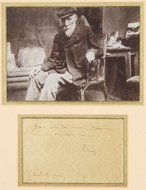 *Auguste RENOIR (1841-1919).
L.A.S., Vendredi soir [27 novembre 1896], à Teodor de Wyzewa ; 1 page obl. in-12 (carte postale), adresse au verso (encadrée avec portrait photographique).

« Jean viendra aussi déjeuner au Caboulot demain »...