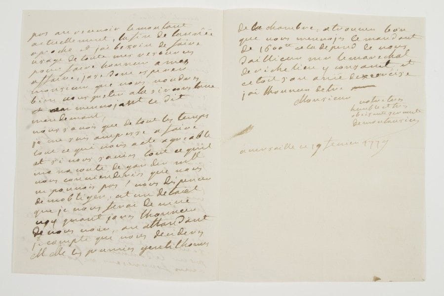 Marguerite Brunet, dite Mademoiselle MONTANSIER (1730-1820) comédienne, et directrice de théâtre à Versailles puis au Palais-Royal. L.A.S. « De Montansier », Versailles 19 février 1779 ; 2 pages et demie petit in-4.

Réclamation pour un paiement qu’on lui a diminué : elle a reçu le mandement de 1000 livres. Il était pourtant convenu avec le maréchal de Richelieu qu’ils examineraient à l’assemblée des Premiers Gentilshommes de la Chambre sa réclamation « des 1600ll qui mont été diminué pour les fois que la roine [Marie-Antoinette] a honoré mon spectacle de sa presence »... Elle comptait sur cette somme et en a grand besoin. Elle a toujours tout fait pour obliger son correspondant et le lui rappelle : « si vous saviez ce quil m’a couté de garder Mlle ... vous conviendriez que vous ne pouvais pas vous dispenser de mobliger »... Elle compte sur lui pour décider MM. les Gentilshommes de la Chambre de lui verser ces 1600 livres, auxquels d’ailleurs le maréchal de Richelieu consent...